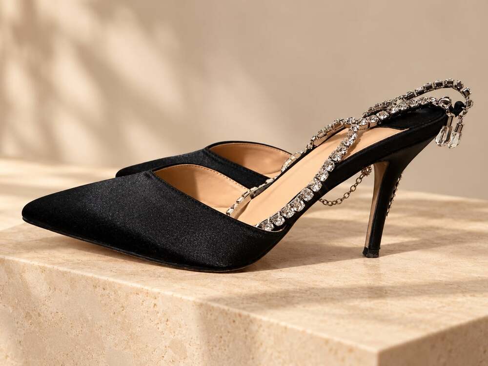 Vertundy Black Satin Rhinestone Slingback Stiletto Pumps